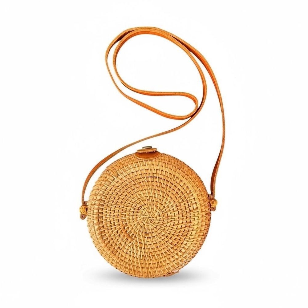 Round Circle Rattan Straw Crossbody Bag Womens‎ Tan Leather Strap Woven Boho